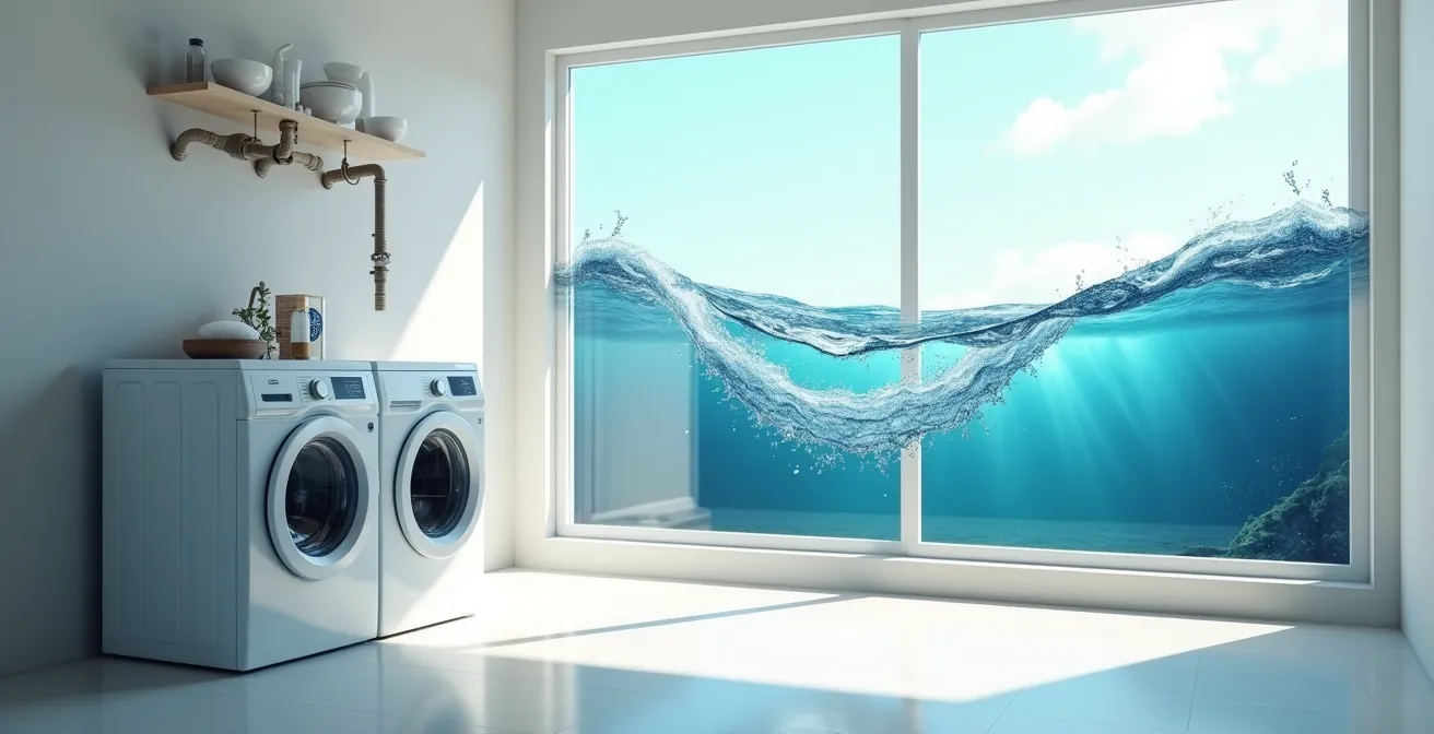 Environmental view of a washing machine releasing invisible microplastics into the water system