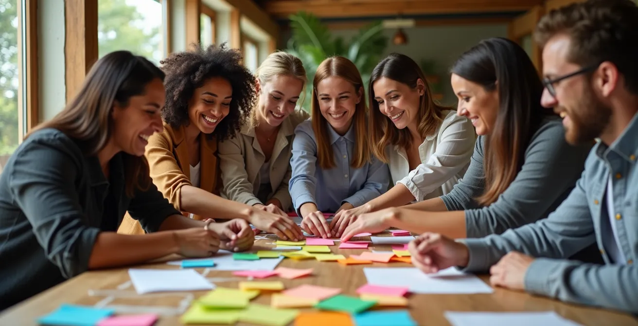 Diverse team working together on a hands-on collaborative project during a retreat