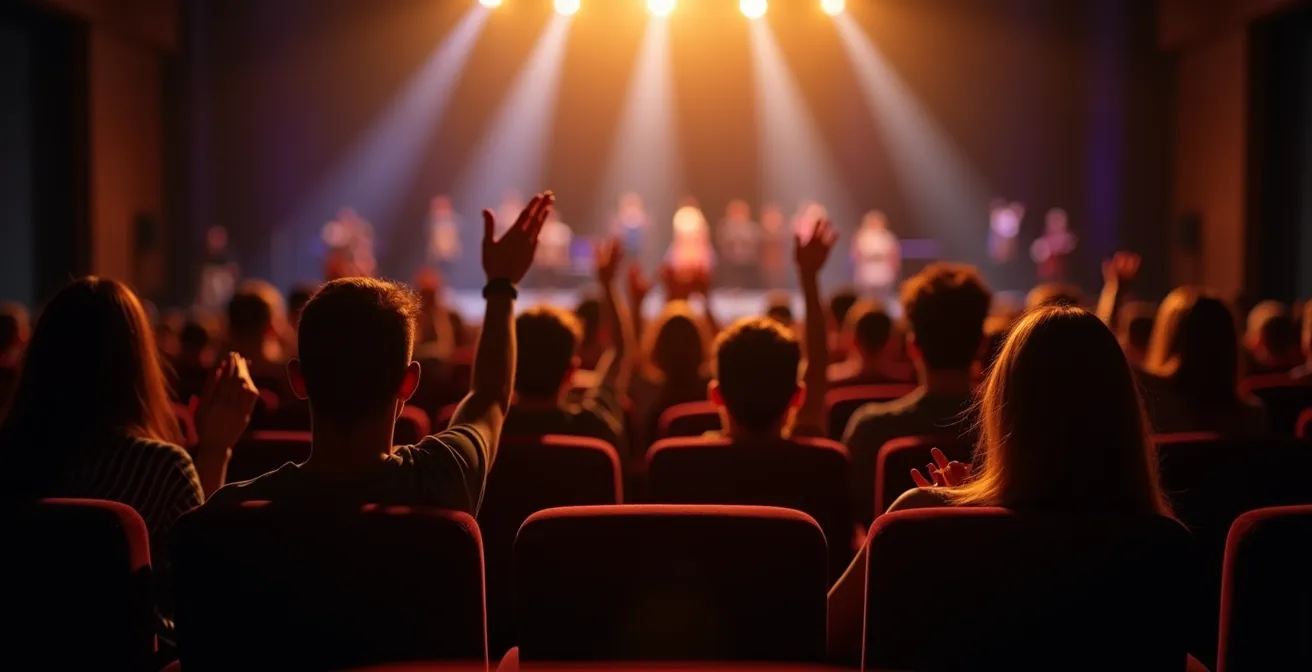 View from orchestra seats showing silhouetted audience applauding during curtain call