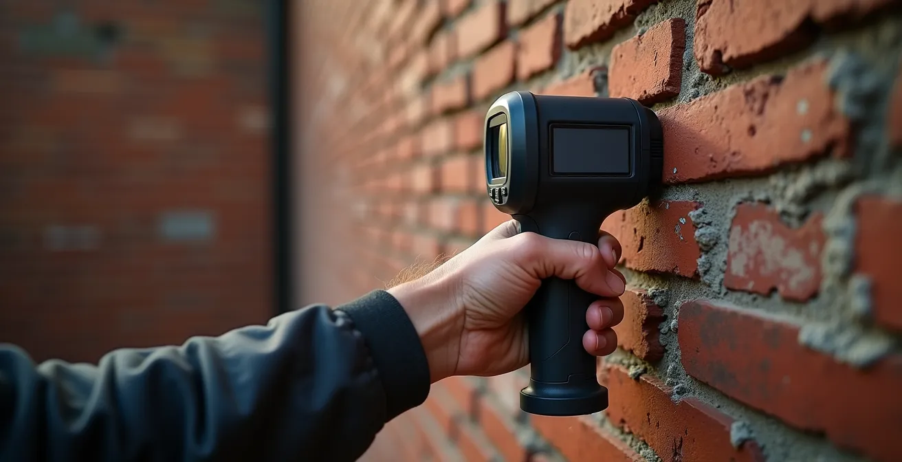 Homeowner using infrared camera to detect heat loss through old brick wall