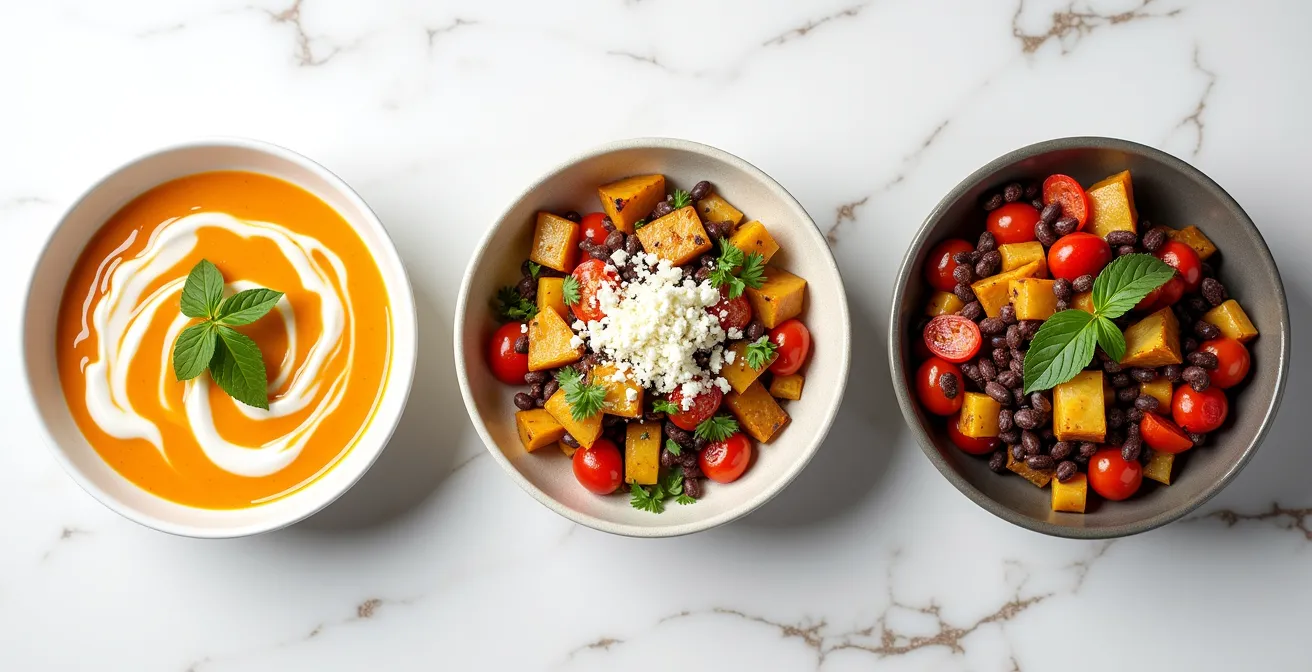 Three colorful bowls showing different meal preparations from same roasted vegetables
