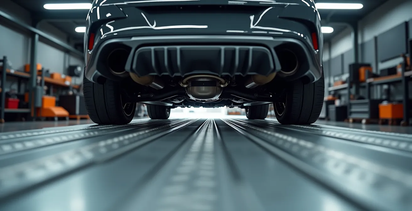 View from underneath a car showing smooth underbody panels and rear diffuser creating clean airflow