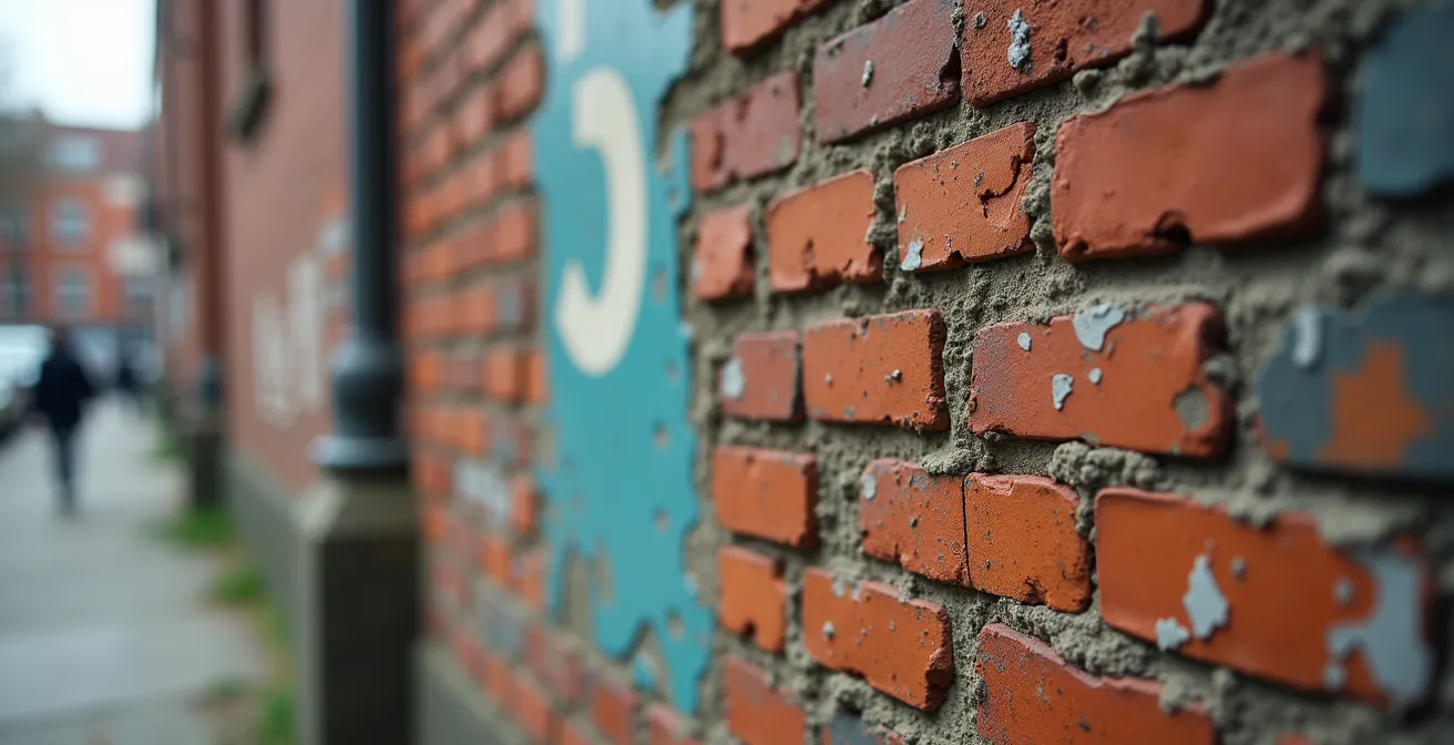 Close-up of a weathered brick wall showing the faded layers of a vintage advertisement, evoking a sense of urban archaeology.