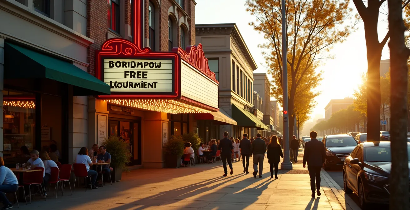 Bustling independent cinema exterior with local community gathering