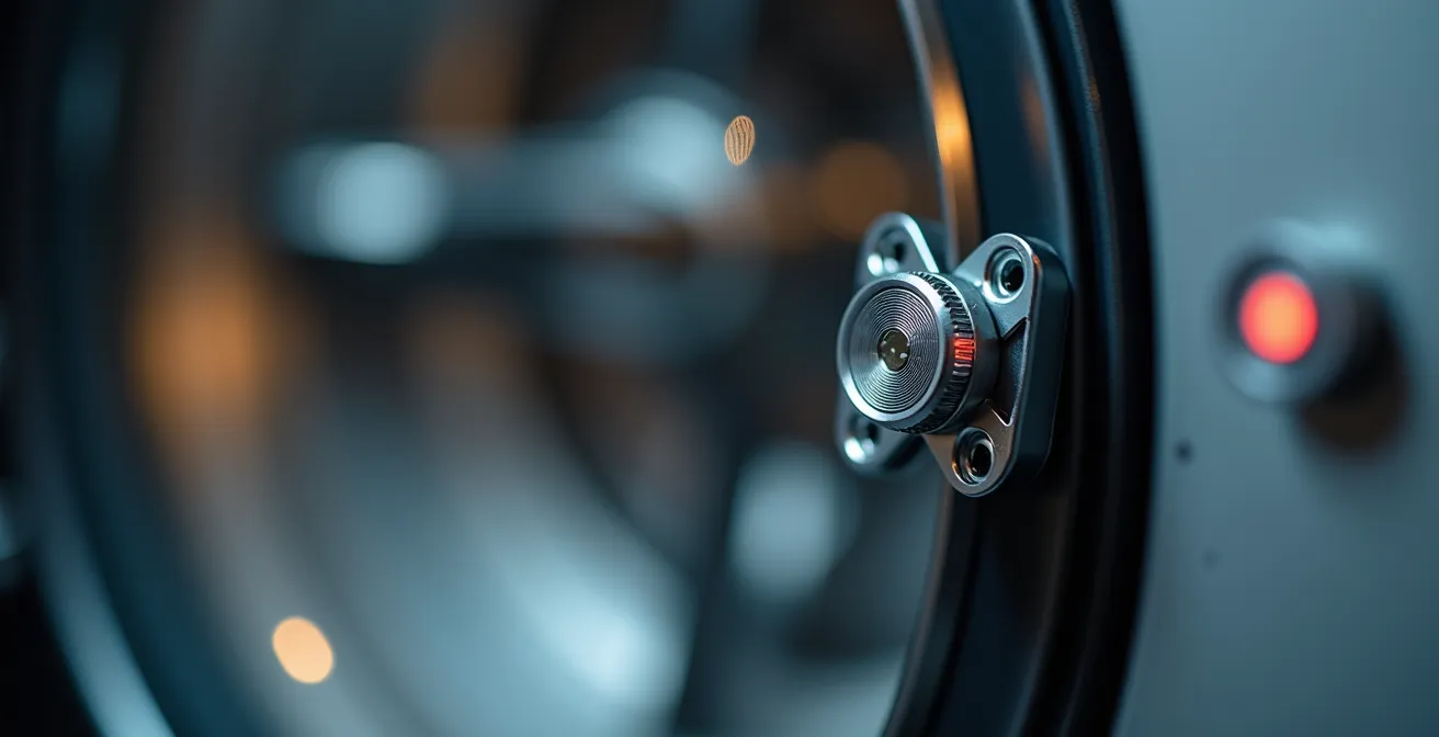 Extreme close-up of vibration sensor mounted on washing machine bearing housing