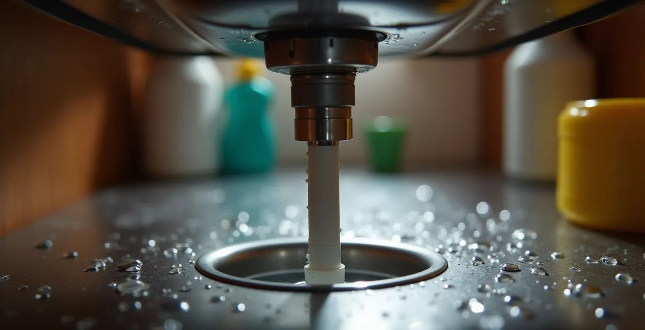 Detailed view of water leak sensor positioned strategically under kitchen sink plumbing