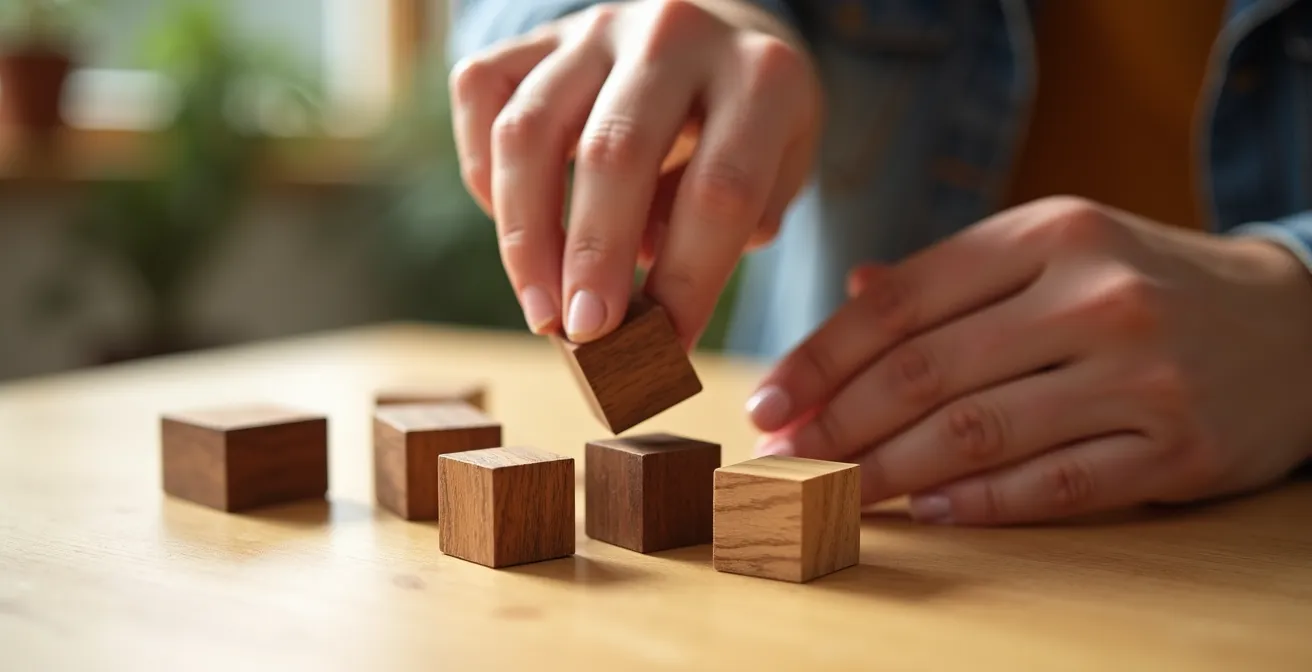 Hands arranging wooden blocks on a table surface, representing the systematic approach of creating a decision matrix for major purchases