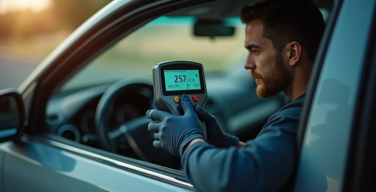 Inspector using tint meter on car window during vehicle inspection
