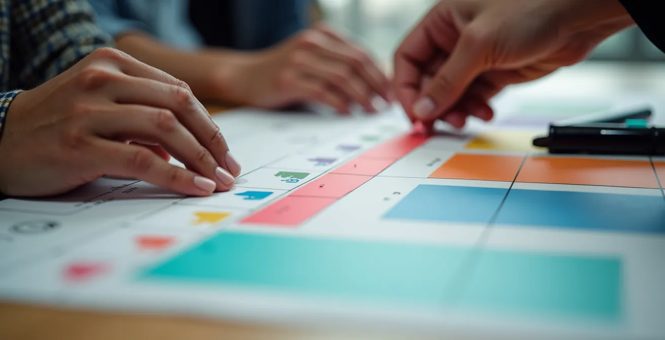 Close-up of hands arranging timeline cards on a planning board