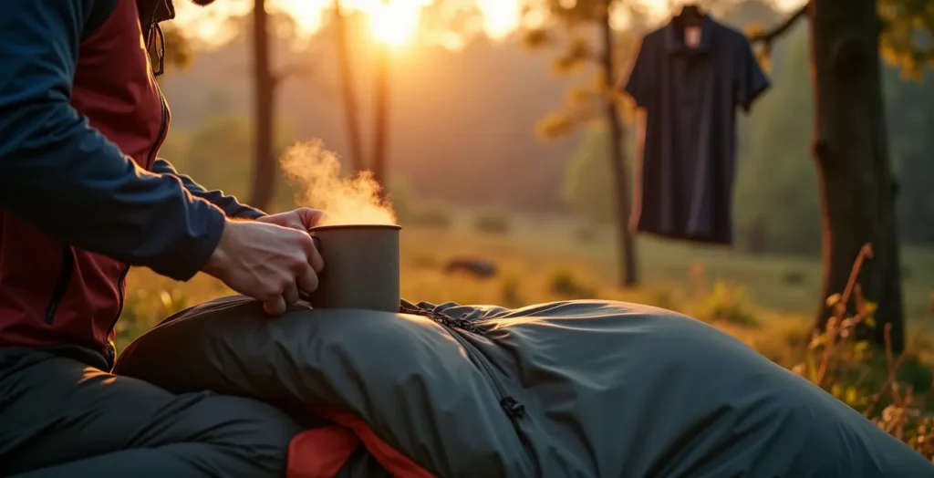 Early morning scene showing packed camping gear beside professional work attire Early morning scene showing packed camping gear beside professional work attire