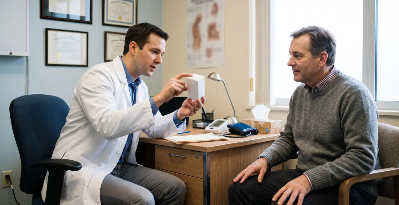 A doctor discusses a probiotic supplement box with a patient in a consultation room.