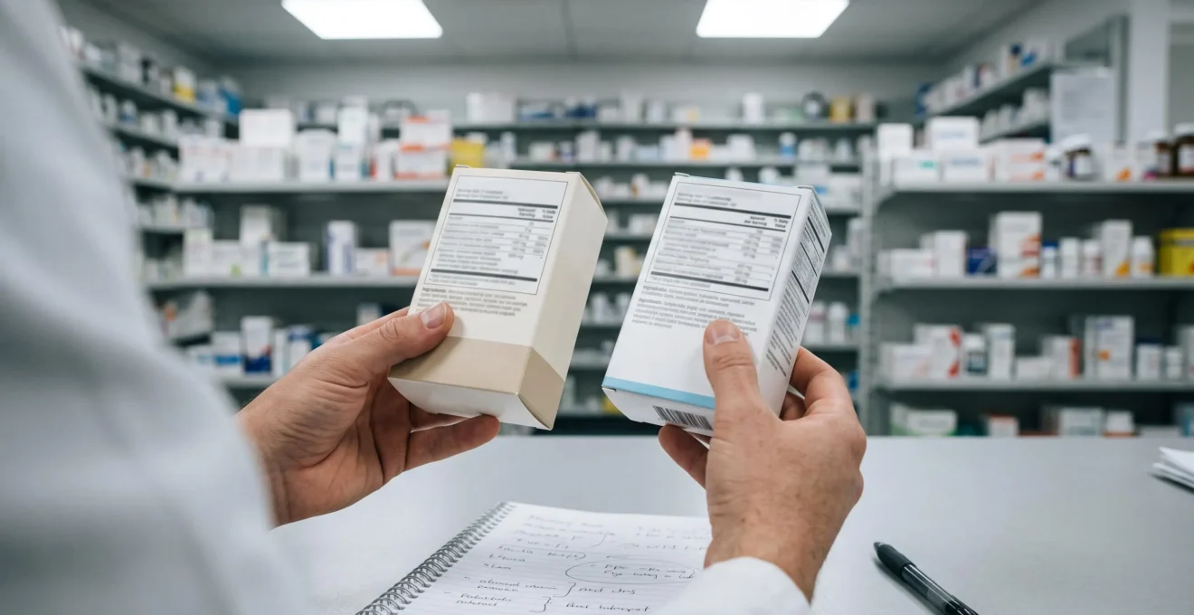 A pharmacist compares the labels of two probiotic supplement boxes on a pharmacy counter.