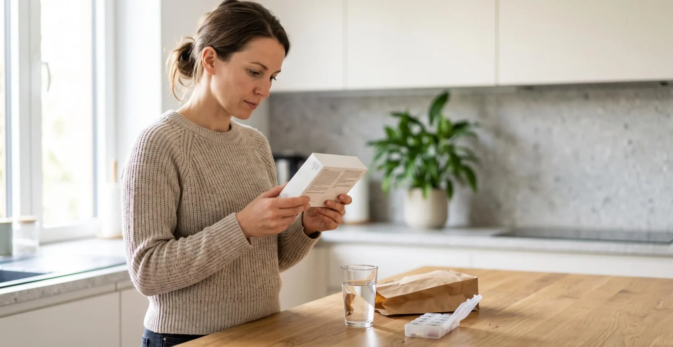 A woman reads the label of a probiotic supplement box in a bright kitchen.