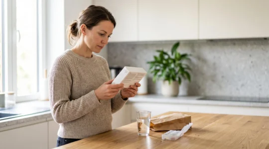 A woman reads the label of a probiotic supplement box in a bright kitchen.